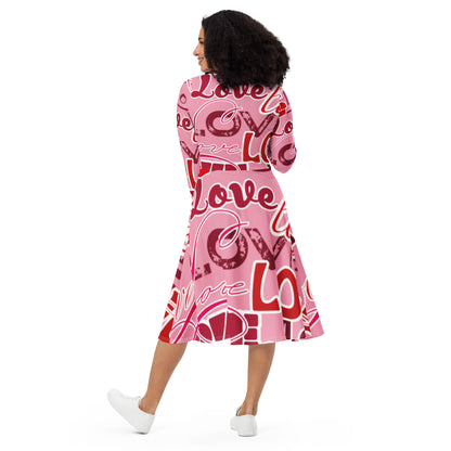 LOVE All-over print long sleeve midi dress