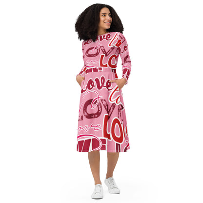LOVE All-over print long sleeve midi dress
