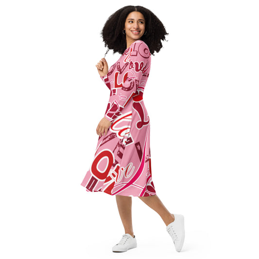 LOVE All-over print long sleeve midi dress